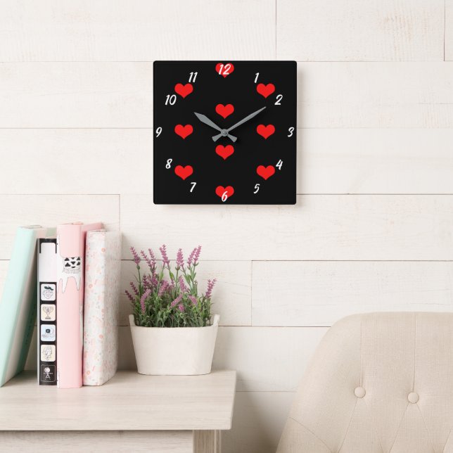 Cute Heart Pattern Red Custom Black Valentines Day Square Wall Clock (Reading Room)