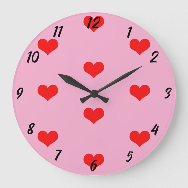 Cute Heart Pattern Red Custom Pink Valentines Day Large Clock (Front)