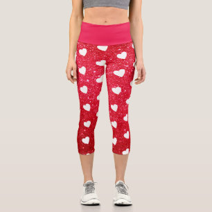 Cute Heart Pattern Red White Glitter Capri Leggings