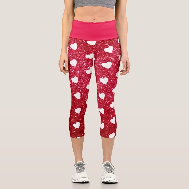 Cute Heart Pattern Red White Glitter Capri Leggings (Front)