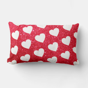 Cute Heart Pattern Red White Glitter Lumbar Cushion