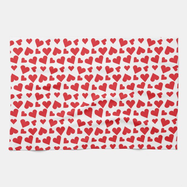 Cute Heart Pattern Red White Tea Towel (Horizontal)