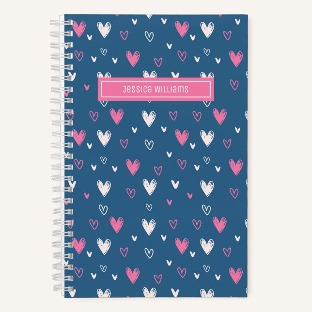 Cute Heart Pencil Doodle Pattern Sweet Love Blue Notebook (Front)