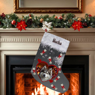 Cute Heart Pet Photo Dog Name Black Snowflake  Small Christmas Stocking