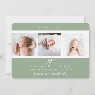 Cute Heart Photo Strip Birth Announcement Sage