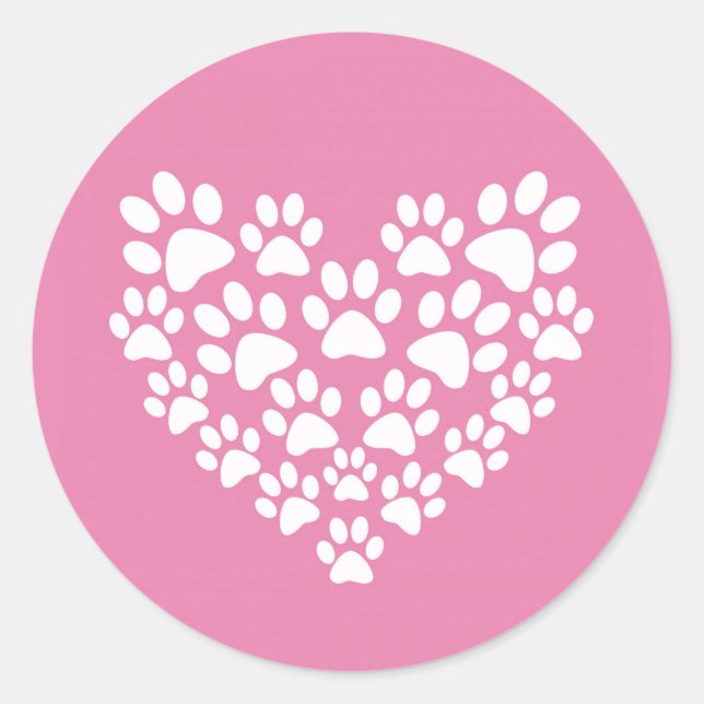 Cute Heart Pink Paw Print Classic Round Sticker (Front)
