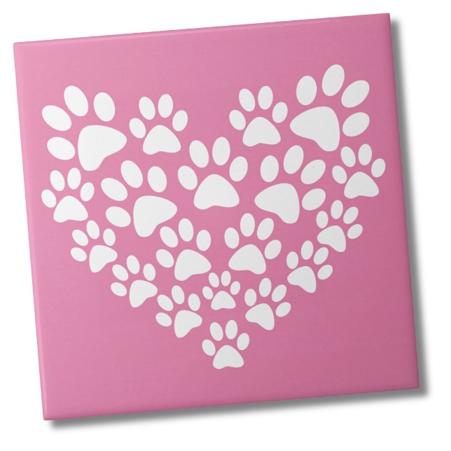 Cute Heart Pink Paw Print Tile (Cute White Pink Paw Print Heart Ceramic Tile)