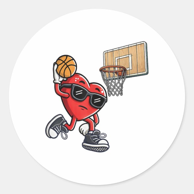 Cute Heart Playing Basketball Valentines Day Baske Classic Round Sticker (Front)