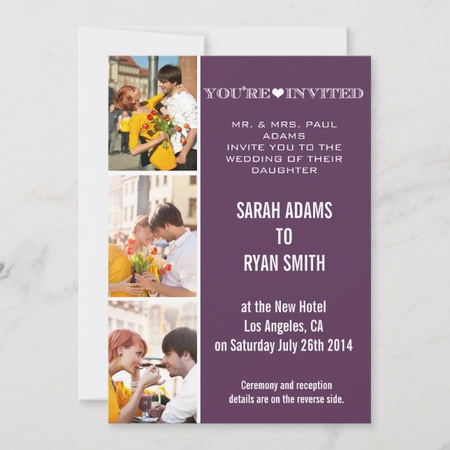 Cute Heart Purple Wedding Three Photo Invitation (Front)