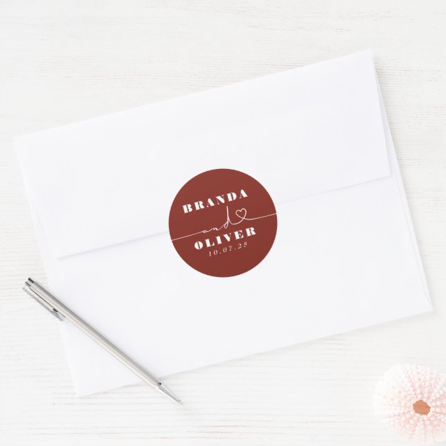 Cute Heart Script Romantic Burgundy Red Wedding Classic Round Sticker (Envelope)