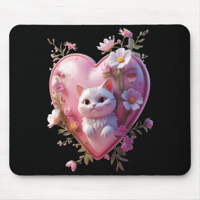 Cute Heart Shape with a cat Funny Unisex Design Mouse Pad (Front)