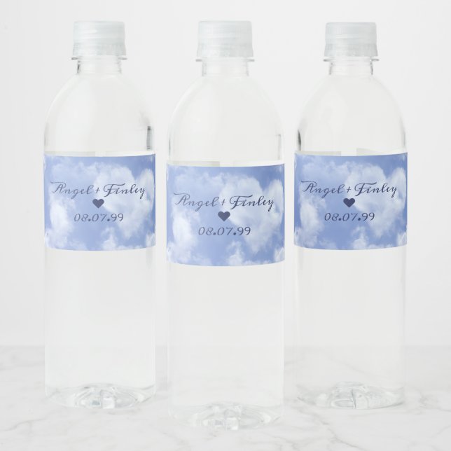 Cute Heart Shaped Cloud & Blue Sky Elegant Wedding Water Bottle Label (Bottles)