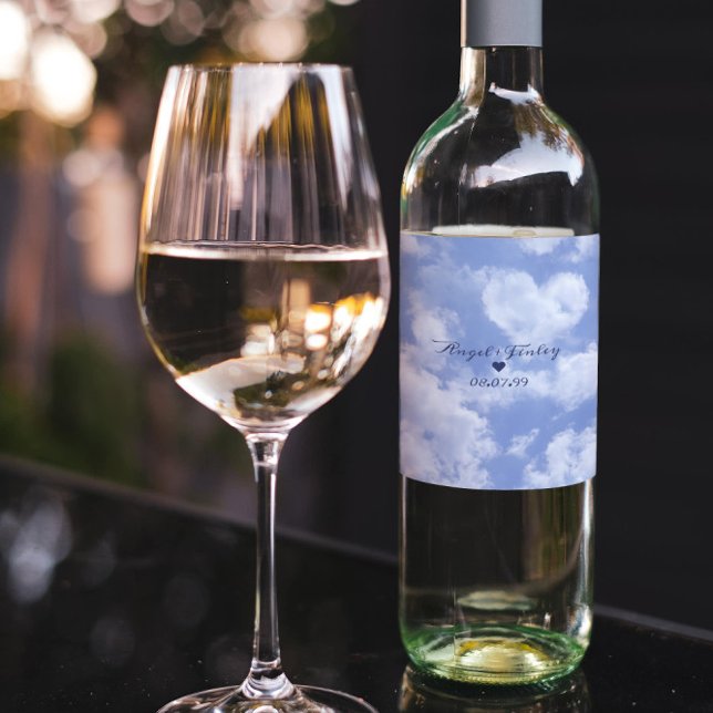 Cute Heart Shaped Cloud & Blue Sky Elegant Wedding Wine Label (Creator Uploaded)