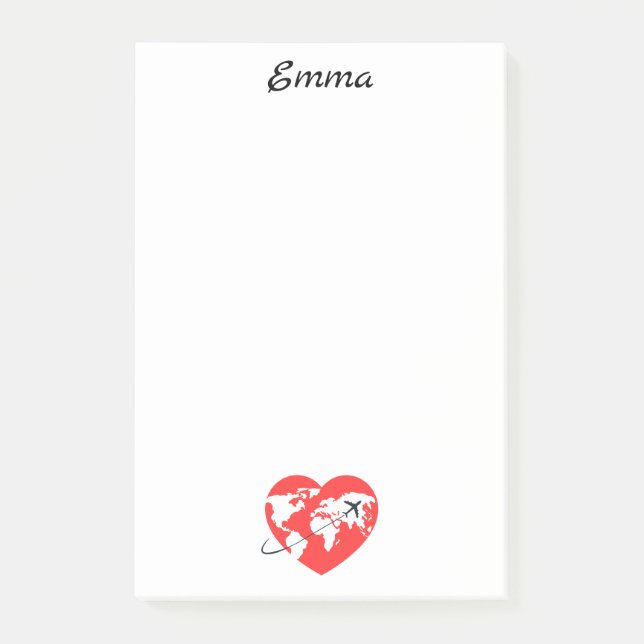 Cute Heart shaped Globe & aeroplane, Custom Name Post-it Notes (Front)