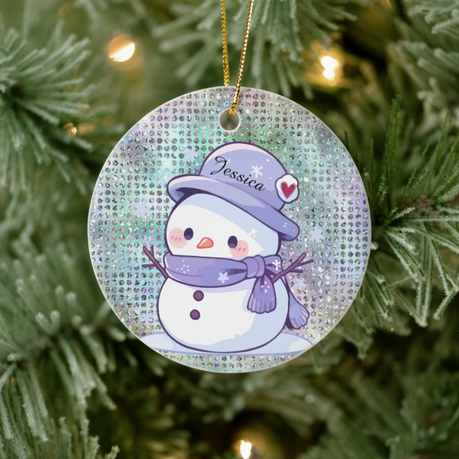 Cute Heart Snow Man Pastel Pattern Name Ceramic Tree Decoration (Tree)