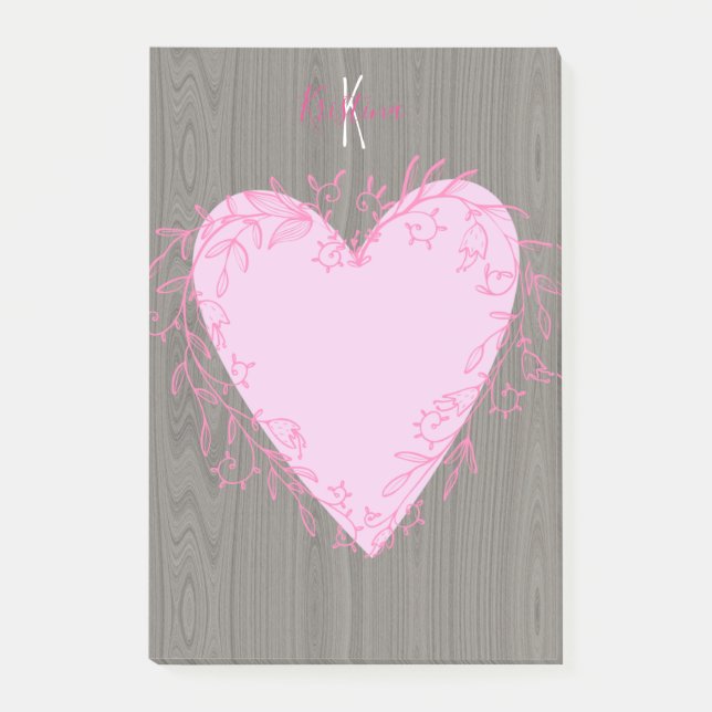Cute Heart with Pink Floral Doodle Frame on Wood Post-it Notes (Front)