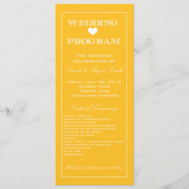 Cute Heart Yellow Wedding Program Programme (Front)