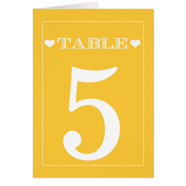 Cute Heart Yellow Wedding Table Number Cards (Front)