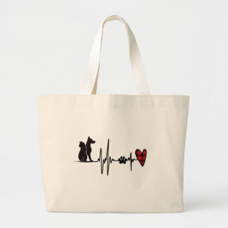 Cute Heartbeat I Love Cat and Dog Red Heart Large Tote Bag