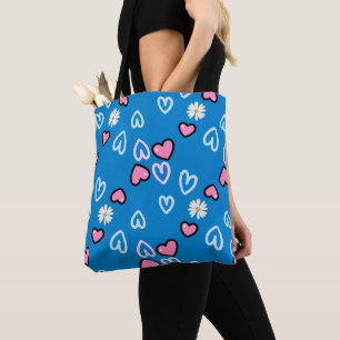Cute Hearts and Daisies Pattern Blue Tote Bag