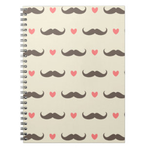 Cute Hearts and Moustache Hipster Pattern Spiral Notebook