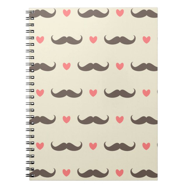 Cute Hearts and Moustache Hipster Pattern Spiral Notebook (Front)