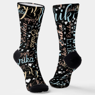 Cute Hearts and Stars with Names allover Black Socks