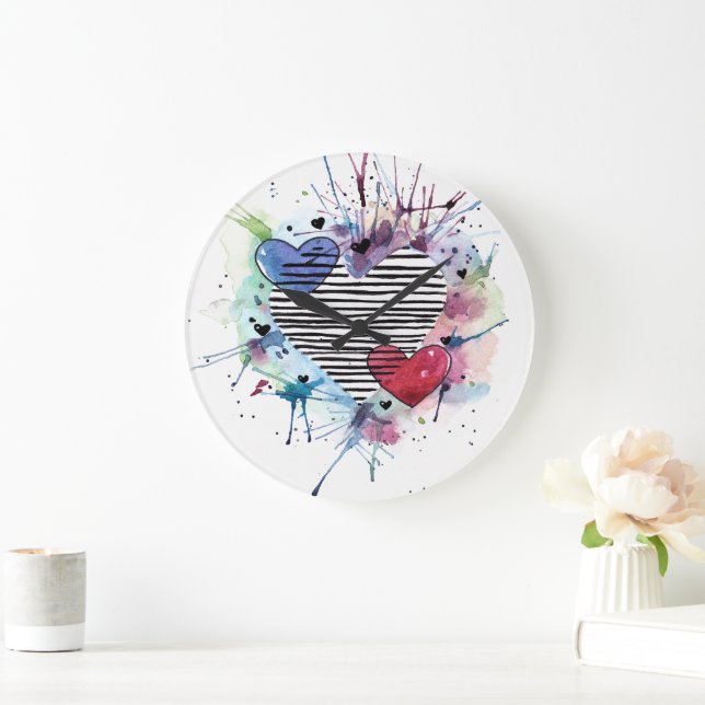 Cute Hearts And Washes In Watercolor   Large Clock (Home)