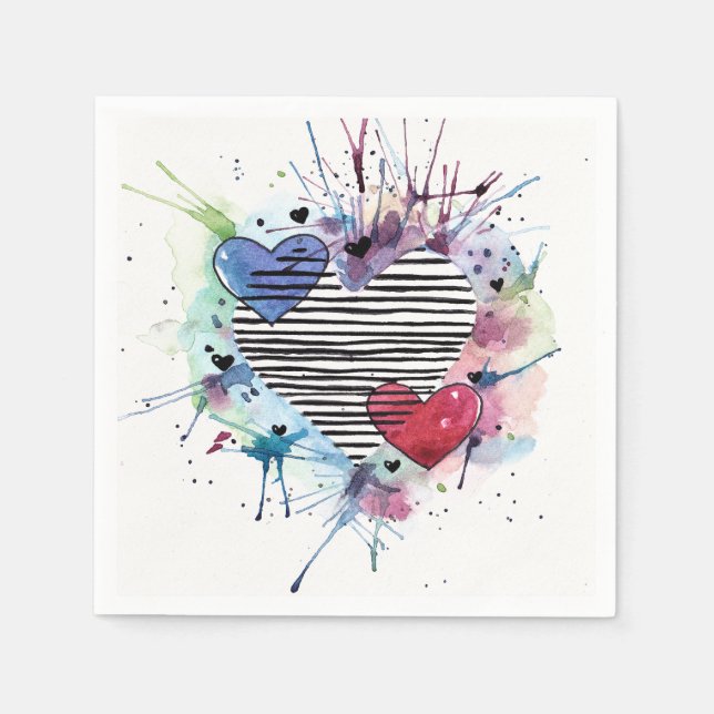 Cute Hearts And Washes In Watercolor  Napkin (Front)