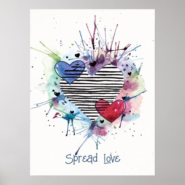 Cute Hearts And Washes In Watercolor  Poster (Front)