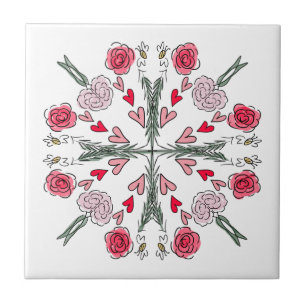 Cute Hearts Bees Roses Romantic Floral Doodles Tile