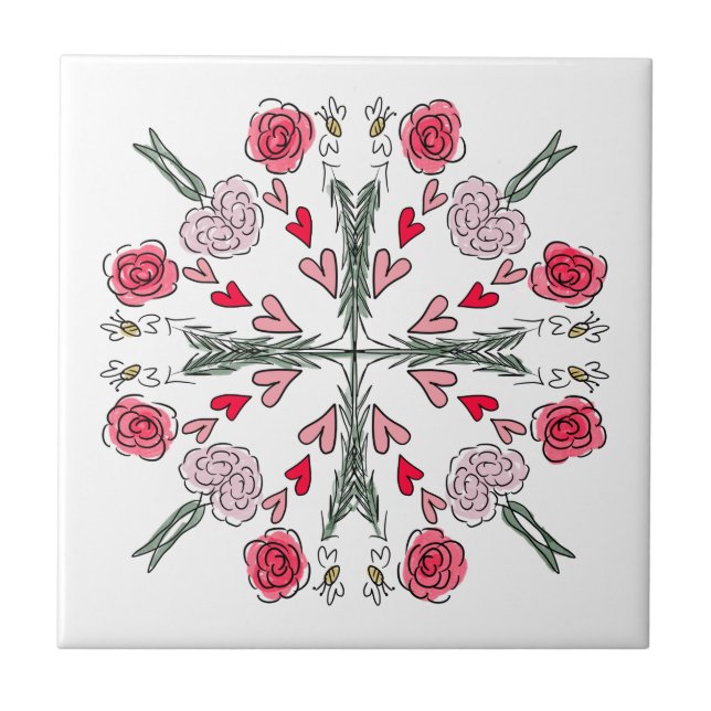 Cute Hearts Bees Roses Romantic Floral Doodles Tile (Front)