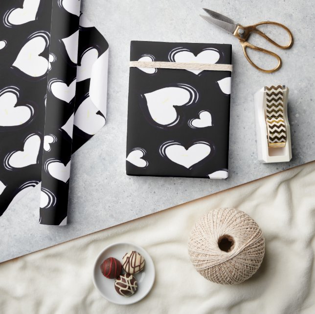 Cute Hearts Black Wrapping Paper (Crafts)