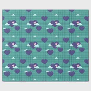 Cute Hearts Clouds Retro Grid Squares Pattern Wrapping Paper