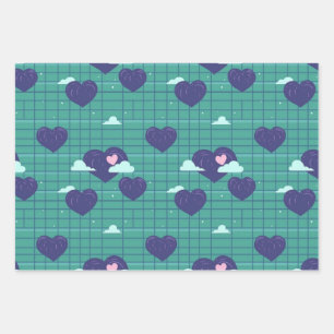 Cute Hearts Clouds Retro Grid Squares Pattern Wrapping Paper Sheet