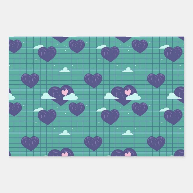 Cute Hearts Clouds Retro Grid Squares Pattern Wrapping Paper Sheet (Front)