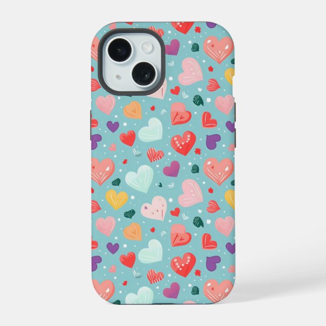 Cute Hearts Colourful Pattern iPhone 15 Case (Back)
