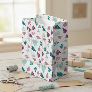 Cute Hearts Doodle Rose Valentine's Day Pink Teal Medium Gift Bag