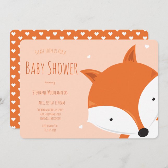 Cute Hearts Fox Animal Baby Shower Invitation (Front/Back)