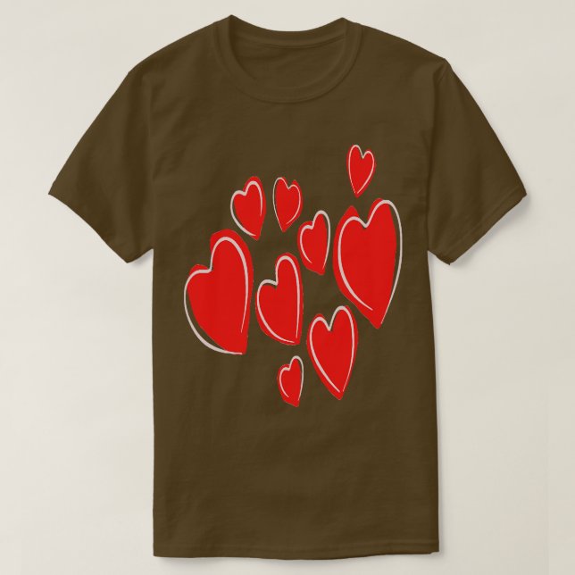 Cute Hearts Hand Drawn Deep Red Romantic Doodle T-Shirt (Design Front)