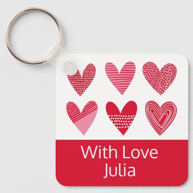 Cute hearts in red and pink with text key ring (Front)