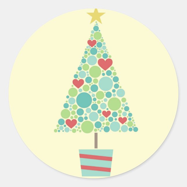 Cute hearts pastel modern Christmas tree Classic Round Sticker (Front)