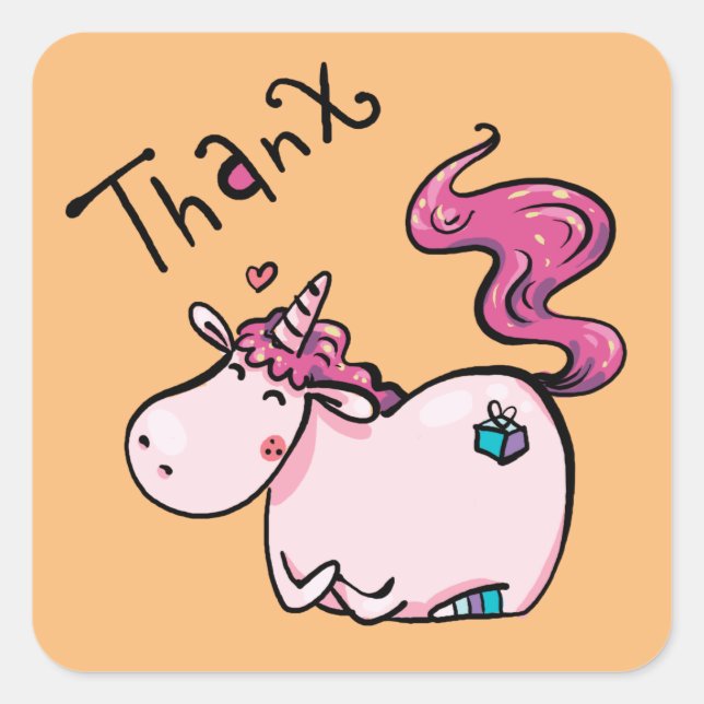 cute hearts pink unicorn thank you square sticker (Front)