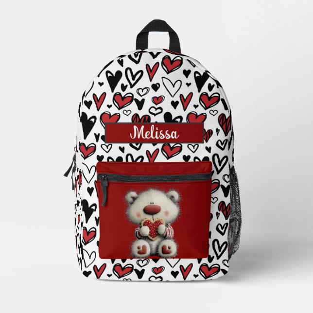 Cute Hearts Teddy Bear Customizable Name  Printed Backpack (Front)