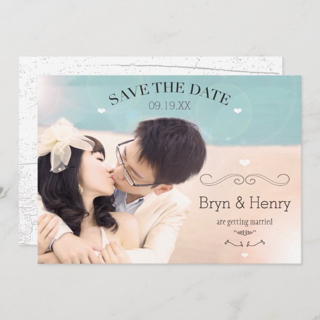 Cute Hearts Wavy Curvy Swirls Photo Save the Date Invitation (Front/Back)