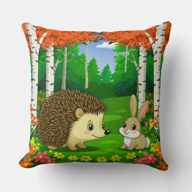 Cute Hedgehog and bunny in a Bright Forest Cushion (Front)