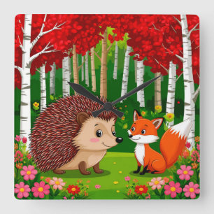 Cute Hedgehog and fox n a Bright Forest Square Wall Clock