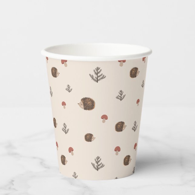 Cute Hedgehog and Mushrooms Forest Pattern Paper Cups (Front)