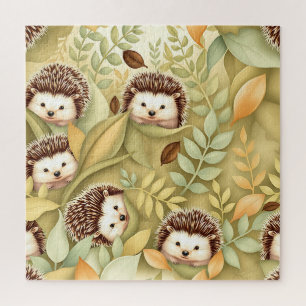 Cute Hedgehog Autumn Leaves Pattern Jigsaw Puzzle
