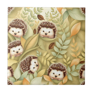 Cute Hedgehog Autumn Leaves Pattern Tile
